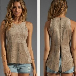 BCBG MaxAzria Caralyn Pumice Faux Suede Peplum Tank with Laser Cut Detail